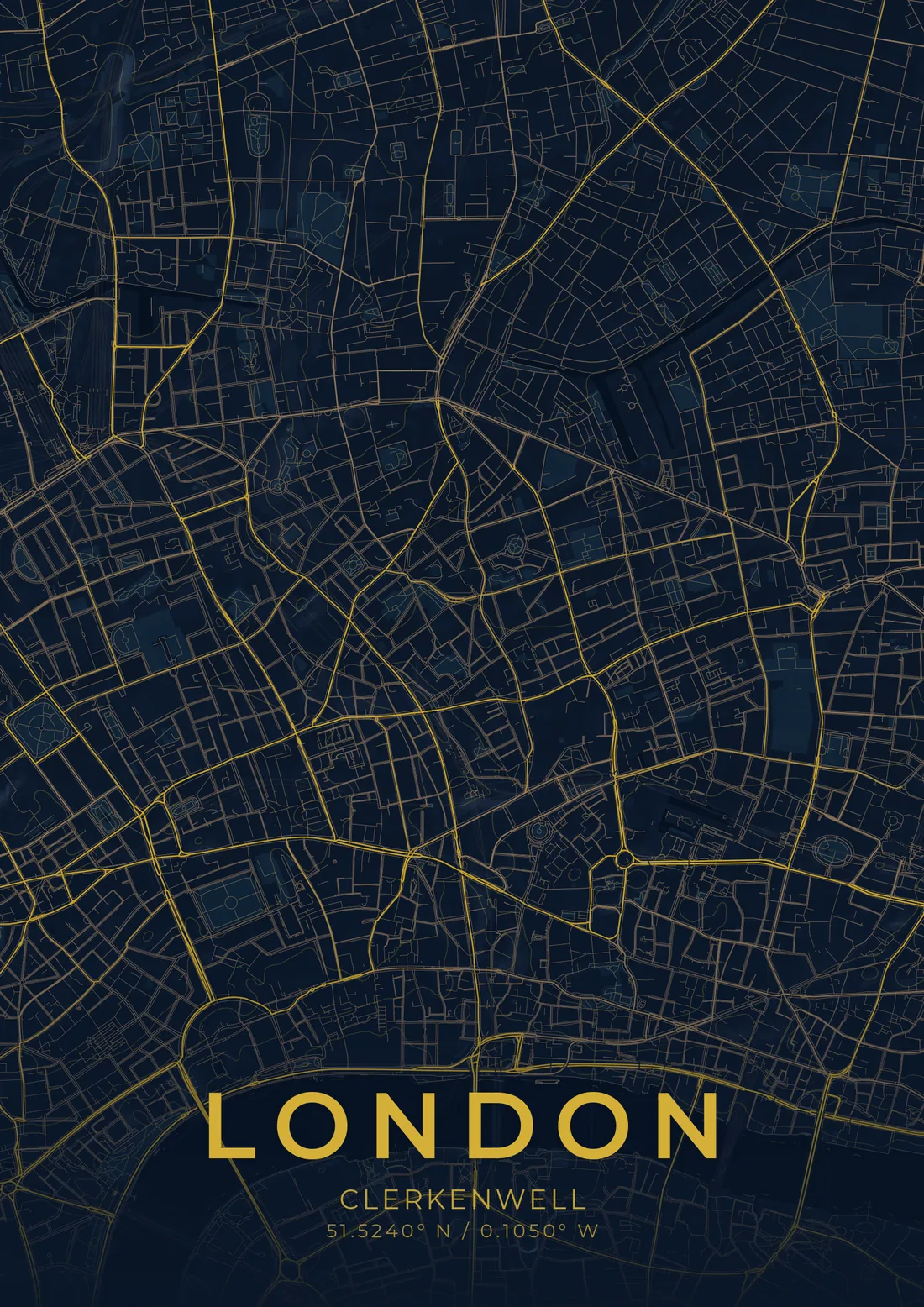 A map artwork of central London around Clerkenwell: the street network drawn in gold on deep navy, edge to edge, with the Thames sweeping across the lower third.